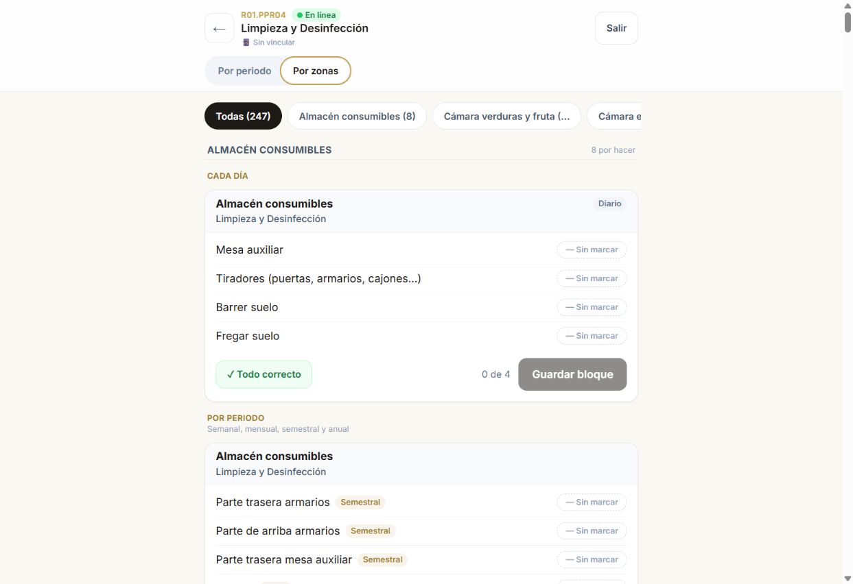 Pantalla anonimizada de controles APPCC organizados por zonas