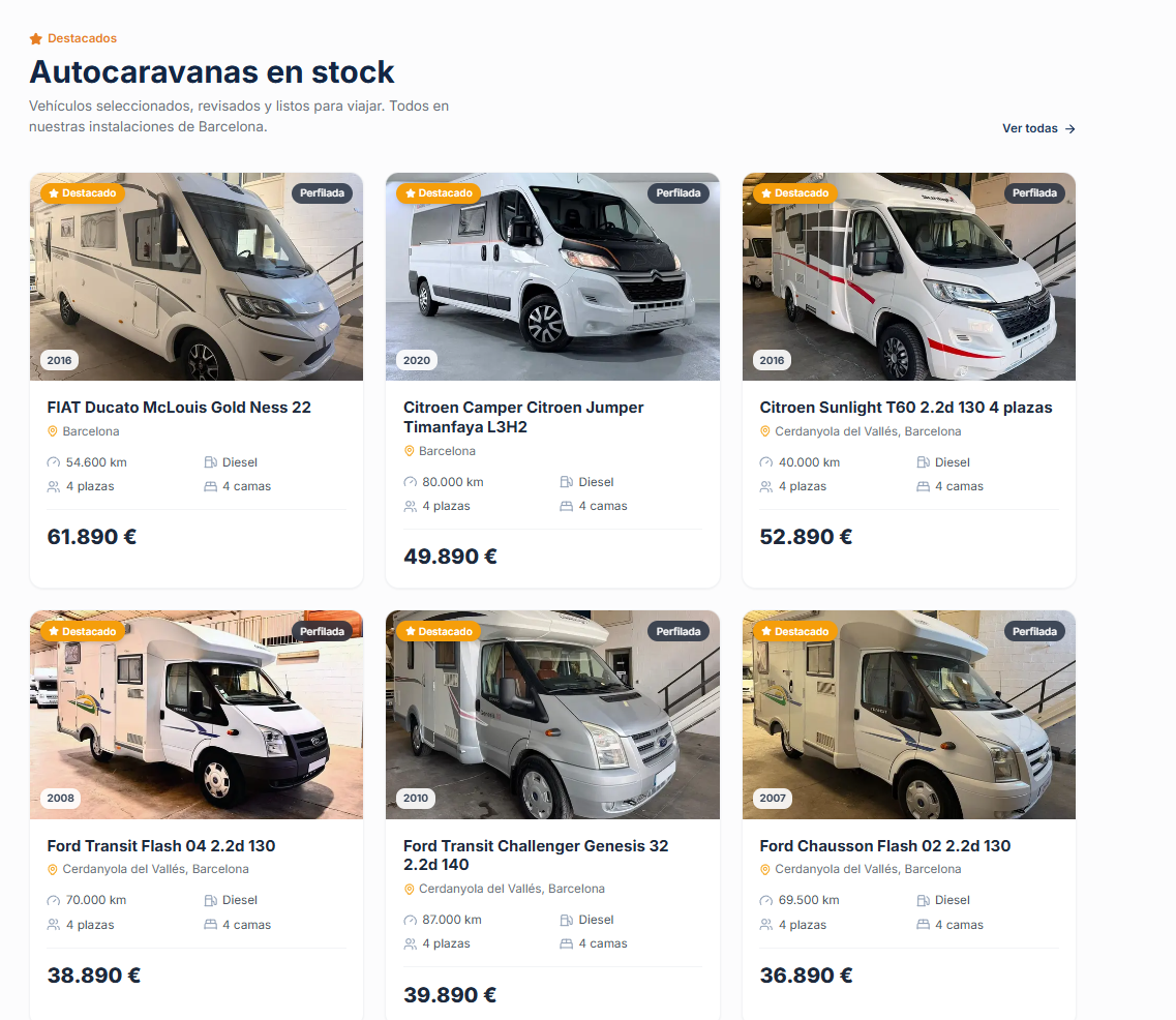 Listado público de autocaravanas de ocasión en stock con sus fichas resumidas