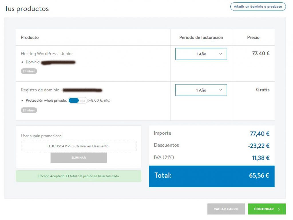 Resumen del pedido de hosting con descuento aplicado