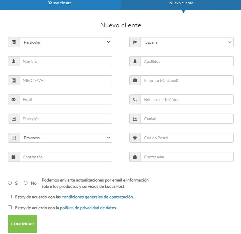 Formulario de acceso durante el alta del hosting