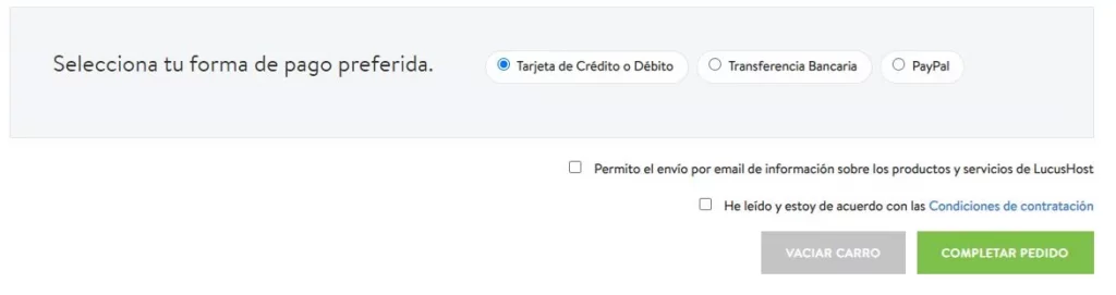 Selección del método de pago del hosting